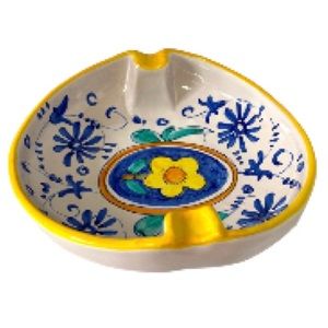 Italian Ceramic Pottery Ashtray Handmade Blue Yellow Large 7.25" Diameter